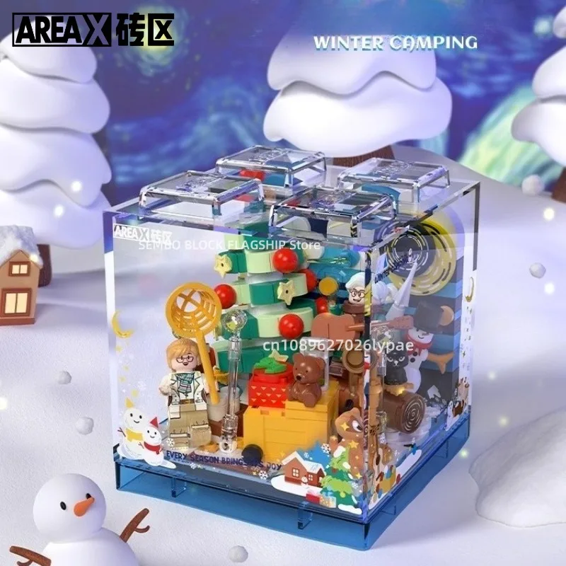 Blocchi di costruzione assemblati per quattro stagioni da campeggio Divertimento campeggio Scatola Kawaii Modello giocattolo Ornamenti per il desktop Regali di festa per bambini
