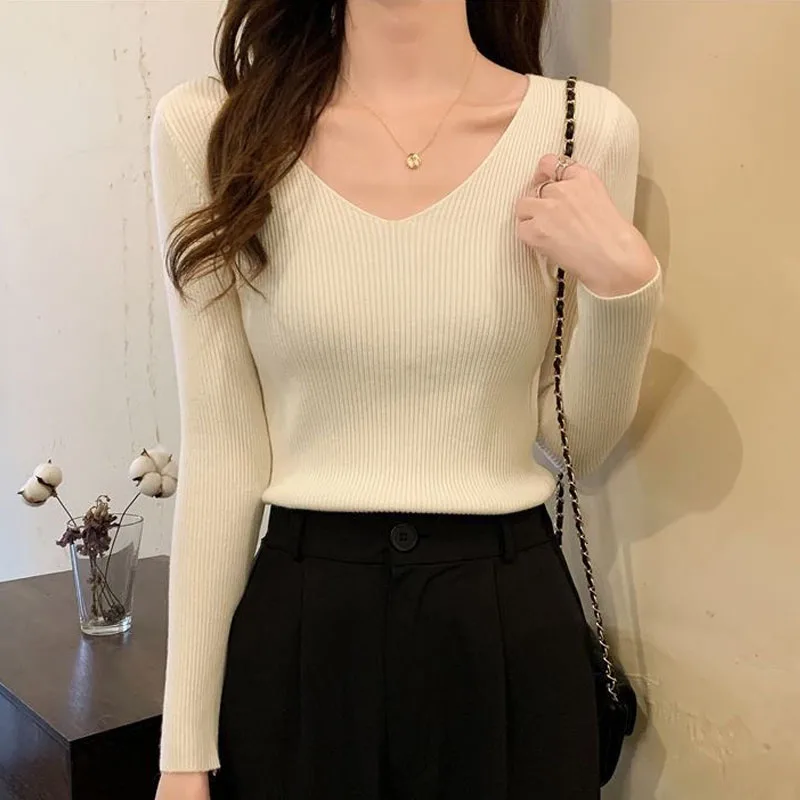 

Women Clothing White Slim V-Neck Knitted Sweater Women Pullovers New Long Sleeve Knit Sweater Pullover Women Tops Sweaters Q2998