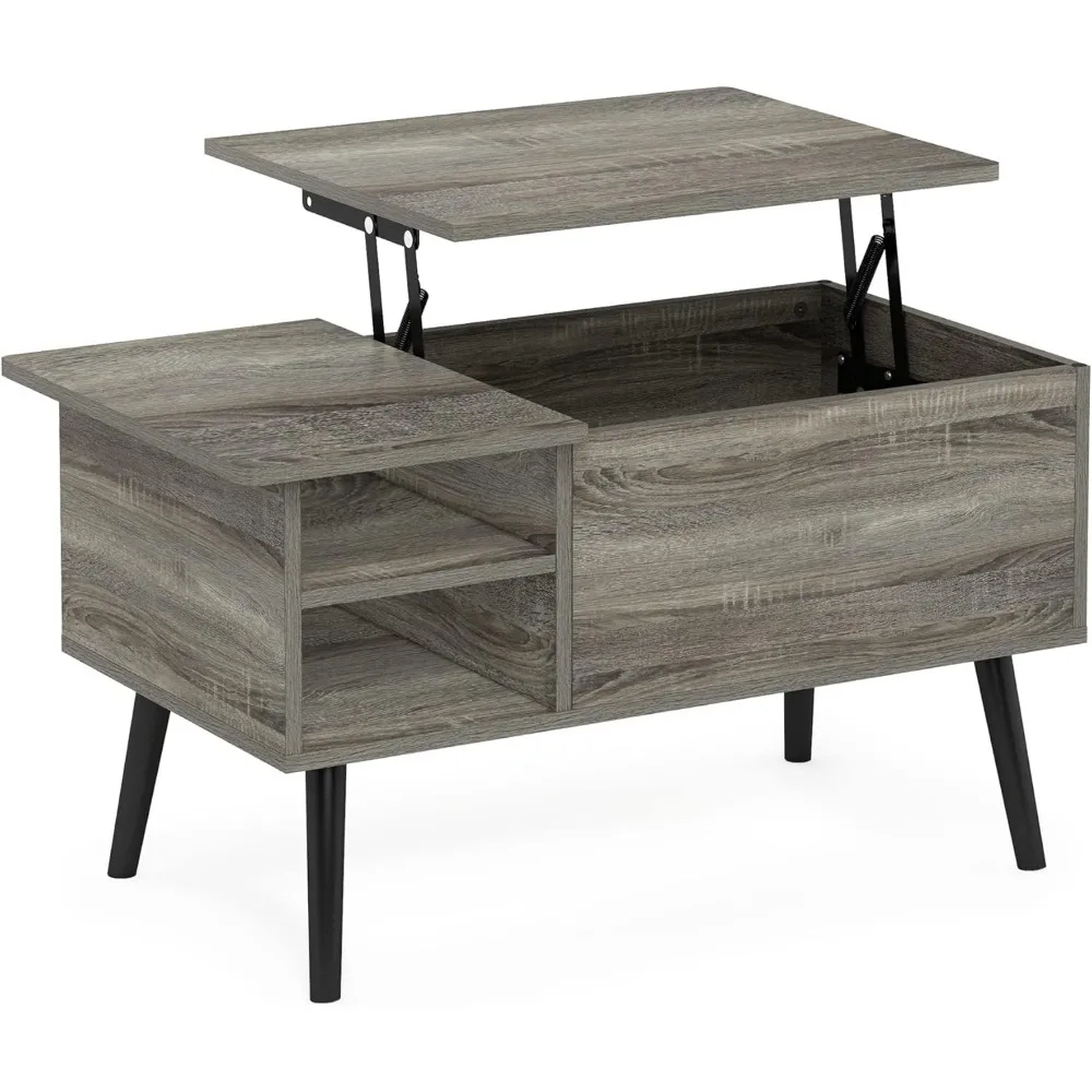 Mesa de centro con patas de madera para sala de estar, con compartimento oculto y estante de almacenamiento abierto lateral, roble francés gris