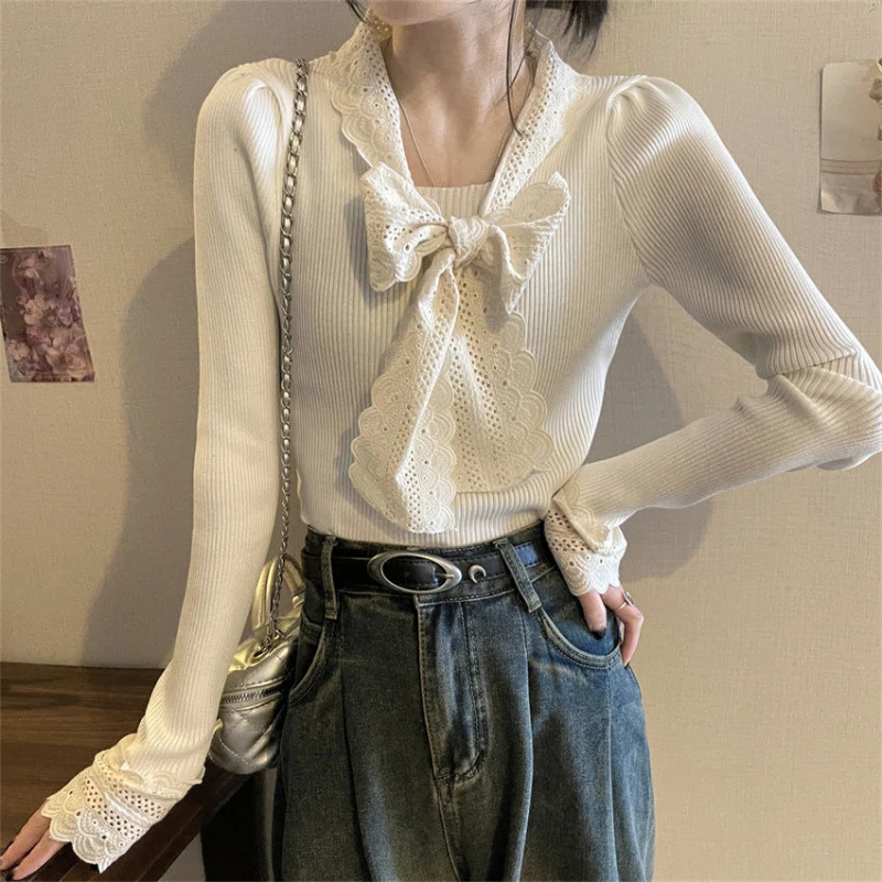 Lace Patchwork Sweet Knitted Sweater for Women Spring Autumn New Bow Bandage Slim Korean Pullovers Top Fashion Elegant Clothing