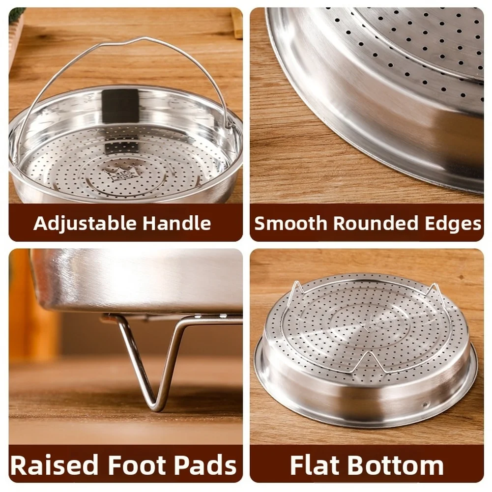 304 Grade Stainless Steel Steaming Tray with Stable Foot Pads and Movable Handle for Secure Fitting in Various For Cooking Pots