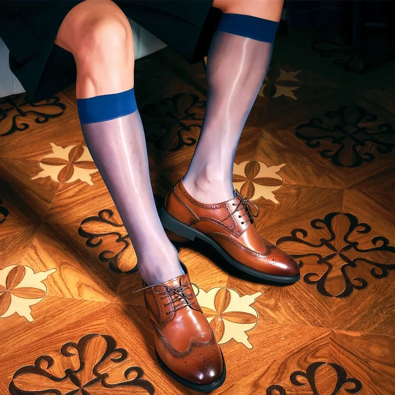 Men's Thin Silky Formal Dress Suit Socks Oil Shiny Clear Sheer Over The Calf Tube Socks Male Business Dress Long Tube Calf Socks