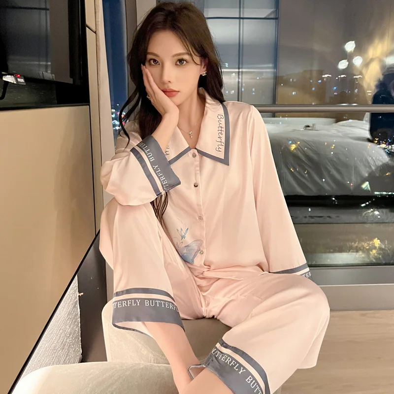 Fashionable Print Ice Silk Pajama Women\'s Spring Summer Long Sleeve Satin Trousers Lapel Butterfly Print Breathable Pyjamas Sets