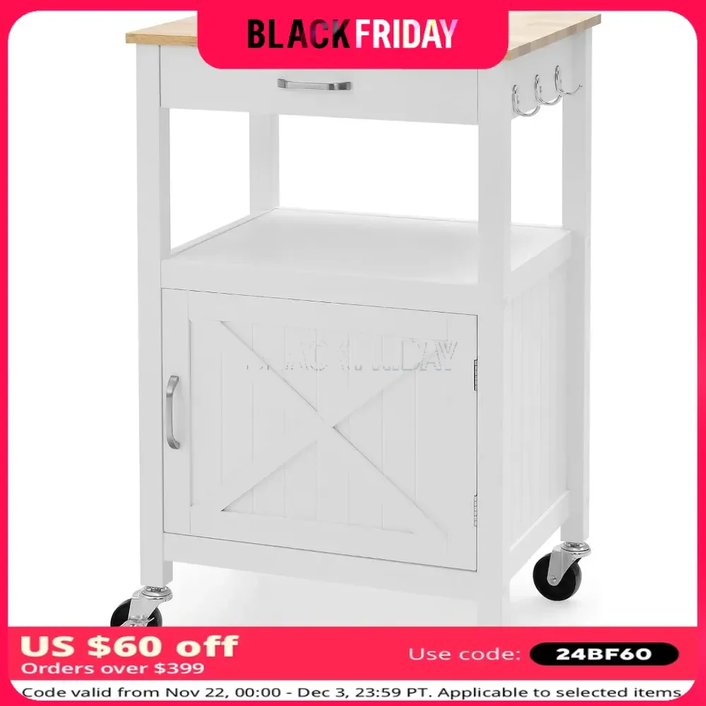 Kitchen Cart with Storage, Small Kitchen Island on Wheels w/Drawer, 3 Hooks, Rolling Trolley, Door Cabinet, Serving Utility Cart