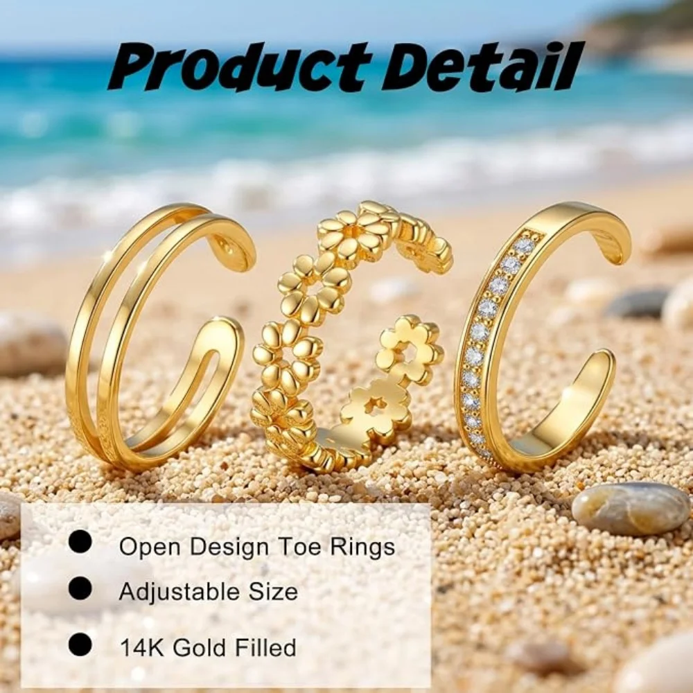 3Pcs Gold Open Adjustable Ring Set for Women Double Band Floral Stackable Finger Rings Inlaid CZ Dainty Minimalist Daily Jewelry view 2