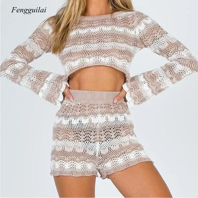 

2026 Summer New Women's Knitting Ice Silk Long Sleeve Round Neck Wide Leg Pants Shorts Casual Cut Out Stripe Suit