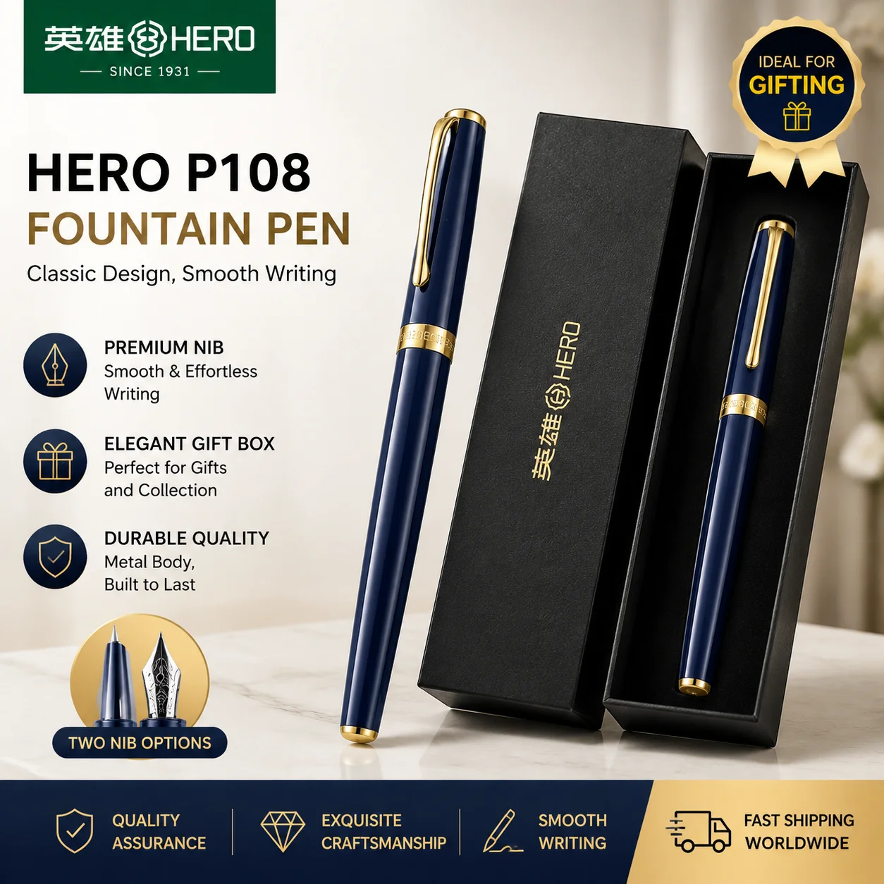 HERO BRANK P108 Colorful Iridium Nib Fountain Pen Set 0.5mm for Student Writing Practice, School Office Supply Gift Box NO INK
