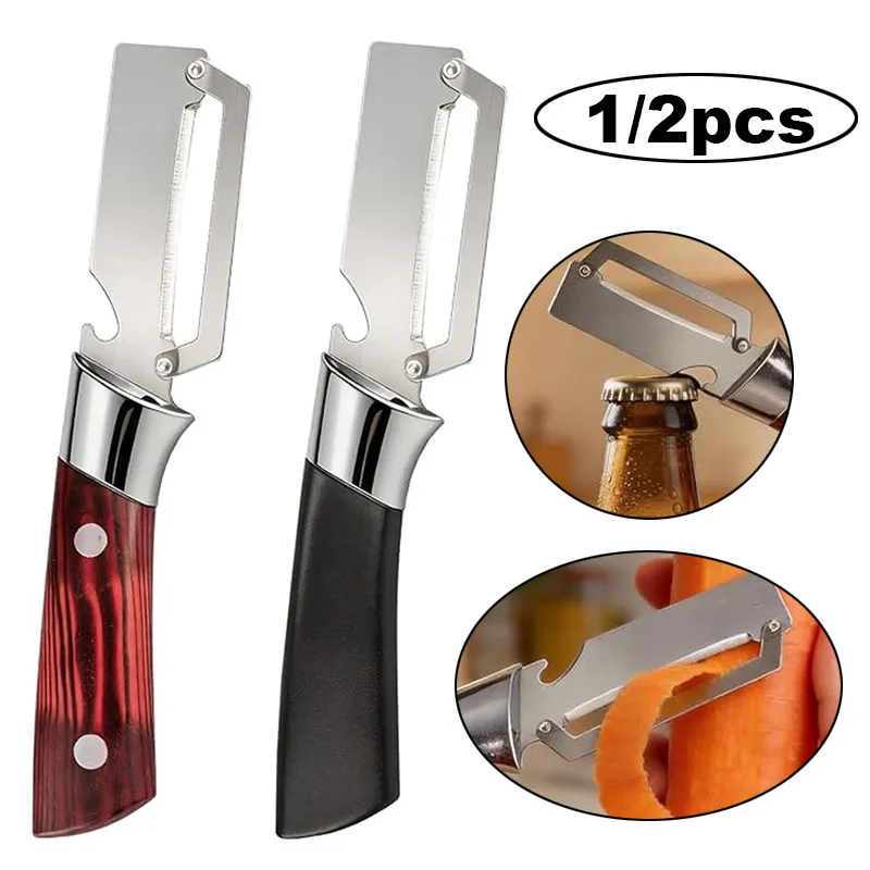 Pelador de verduras de acero inoxidable con mango ergonómico y abridor de botellas, herramienta de cocina multifuncional 2 en 1 para frutas y patatas, 1/2 unidades