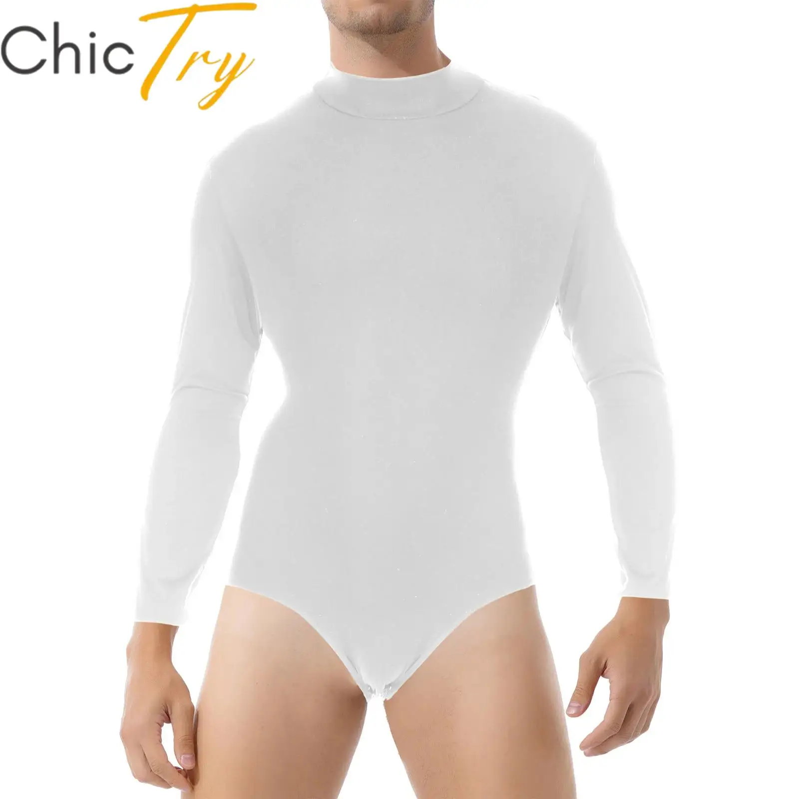 Mens Casual Leotard Long Sleeve One-Piece Undershirt Mock Neck Solid Color Press Button Crotch Bodysuit Unitard Romper Sleepwear