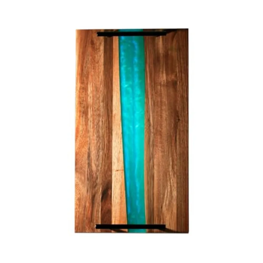 

Visually Stunning Celeste Blue Resin + Acacia Wood Serving Board with Handles - 16x9 Serving Tray for Food Breakfast in Bed Cof