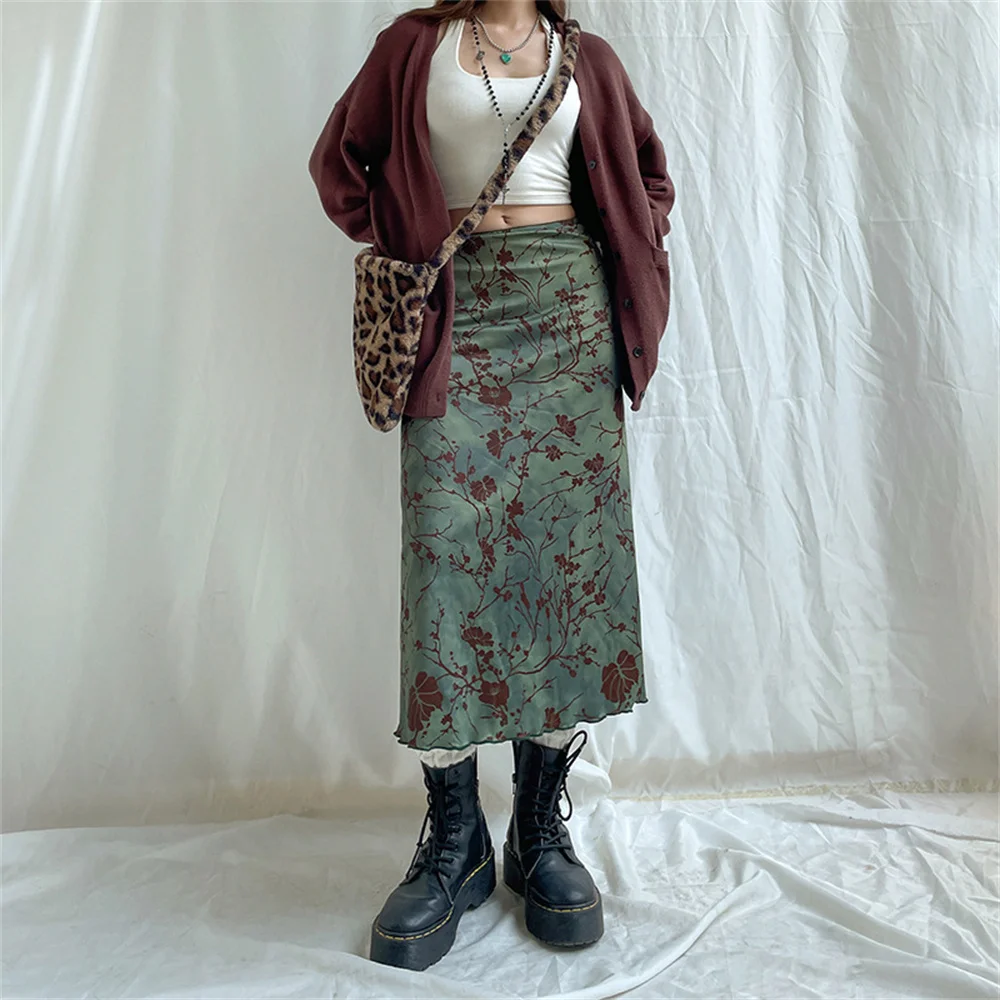 Harajuku Floral Print Long Skirt Women Female Low Rise Straight Midi Skirts Autumn Casual Ladies Skirts