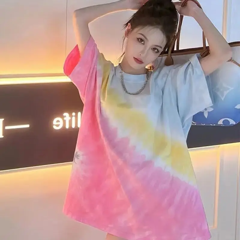 

Summer Casaul Loose Y2k Clothes Tie Dye Tops Women Streetwear Harajuku Oversized Korean Style T-shirt Gradient Fairycore Blouses