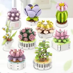 Bouquet Moc Block Flower Succulents Bonsai Potted Building Blocks Romantic Kit Assembly Bricks Toys For Kids Girl Birthday Gifts