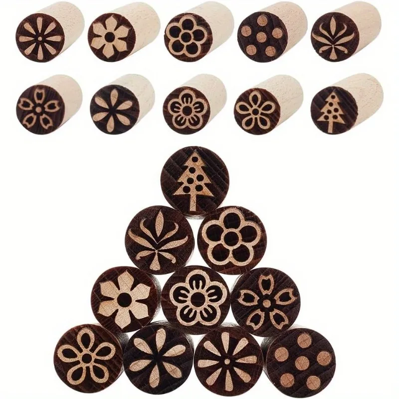 10pcs Round Wooden Carved Stamps Clay Modeling Pattern Kit Pottery Tools Stamp Natural Wood Block Stampers for Ceramic Crafts