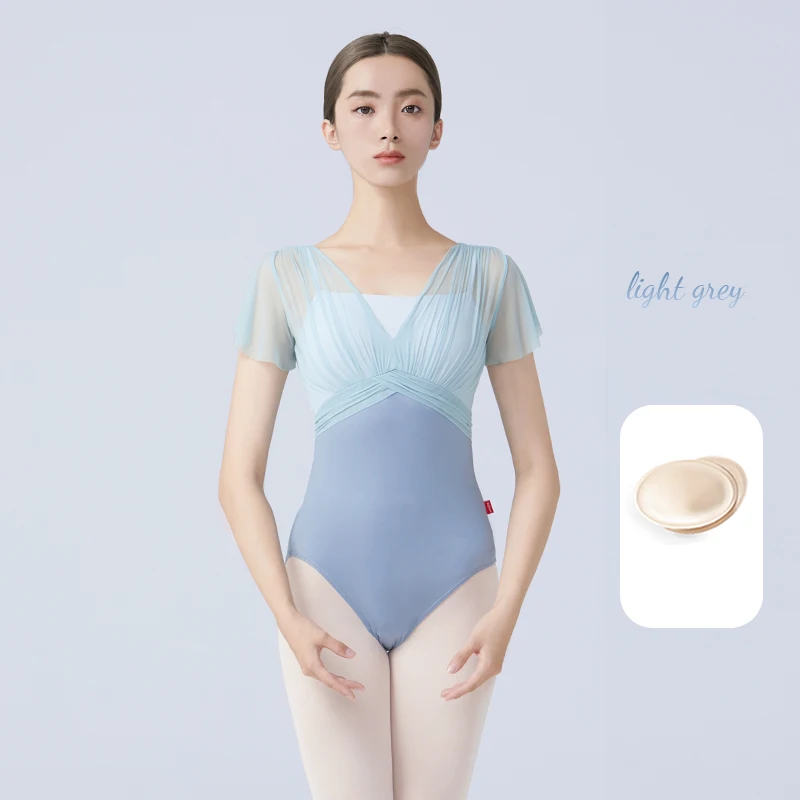 Vrouwen Ballet Maillots Dans Turnpakje Nylon Gesplitst Korte Mouw Plooien Ballet Bodysuit Volwassen Nep Tweedelige Gymnastiek Maillots
