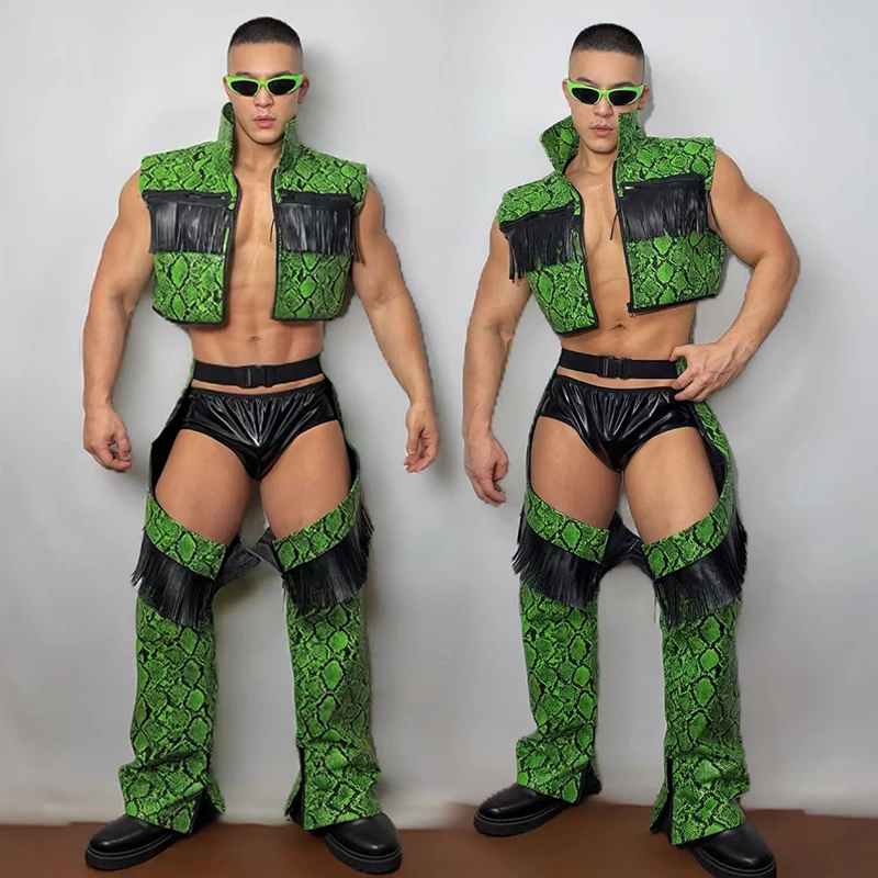 Men Show Stage Costume Green Snake Print Performance Suit Fringe Cropped Jacket Gogo Party Rave Clothing Nightclub Wear VDL5984