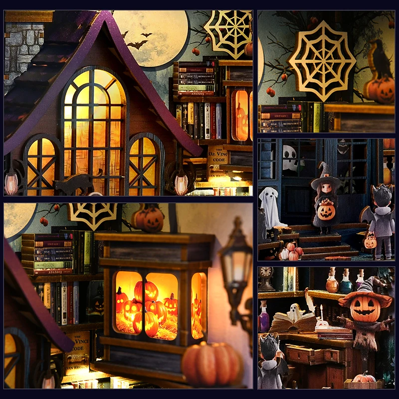 DIY Buchecke Holz Miniatur Modellbausätze Helloween Castle Wonderful Night Buchstütze 3D Puzzle Bücherregal für Freunde Geburtstagsgeschenk