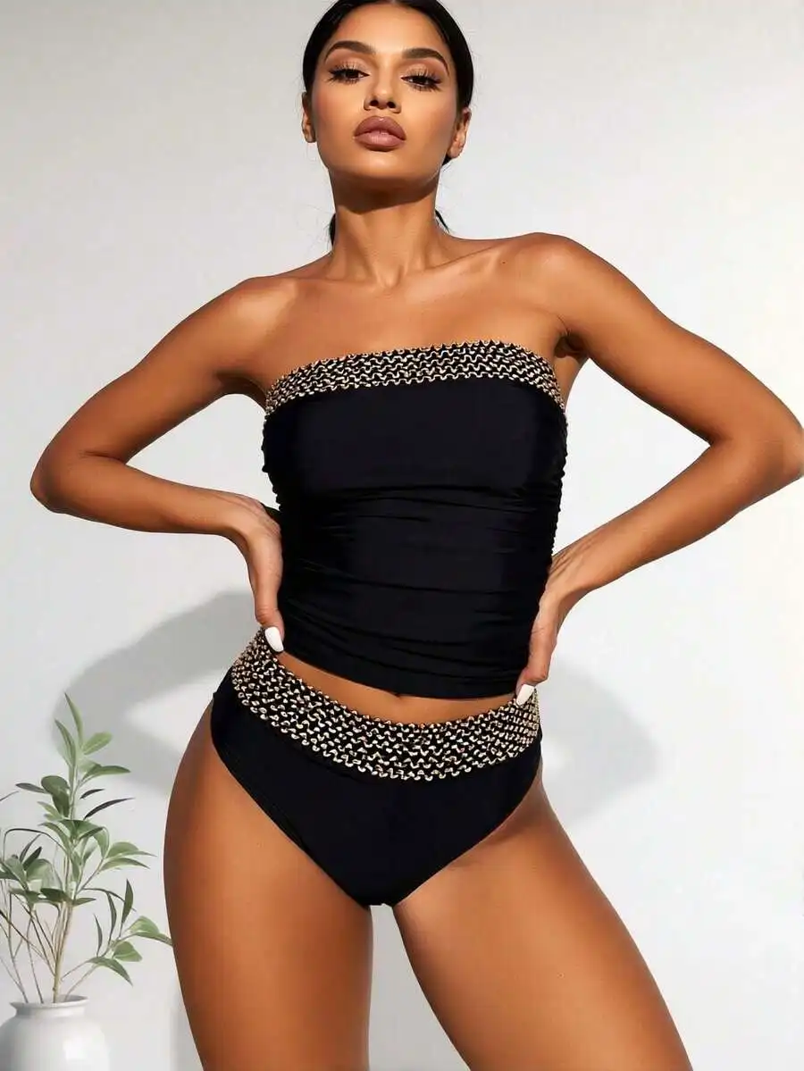 Black Bandeau Tankini Swimsuit With Metallic Trim Ruched Tummy Control Two Piece Bathing Suit For Women