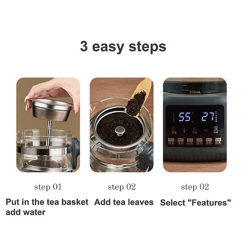 غلاية كهربائية 1.3 لتر مع وعاء صحي ذكي للتحكم في درجة الحرارة إبريق شاي زجاجي على شكل زهرة بخار 600 وات مناسبة للمنزل/المكتب #5