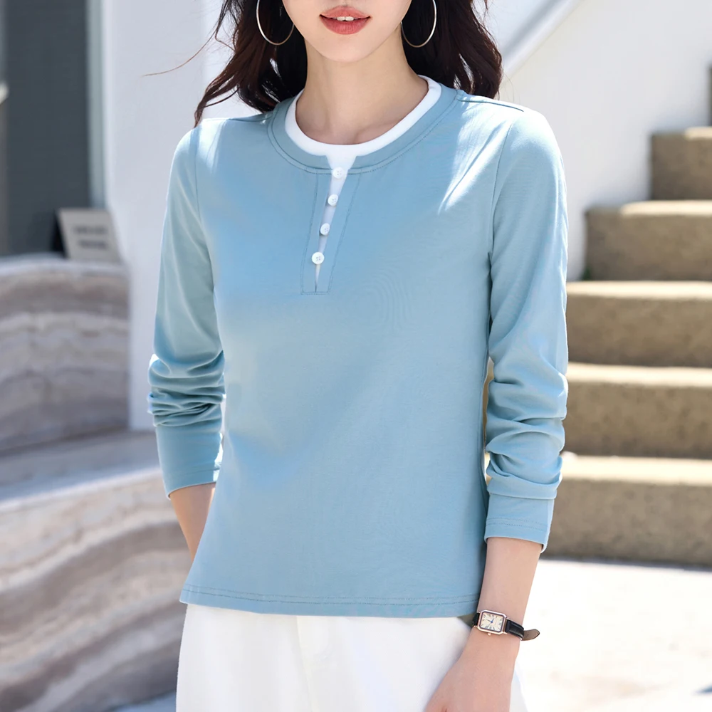 

Korean style blue long sleeved T-shirt for women's autumn new high-end fashion plus size fake two-piece round neck casual top