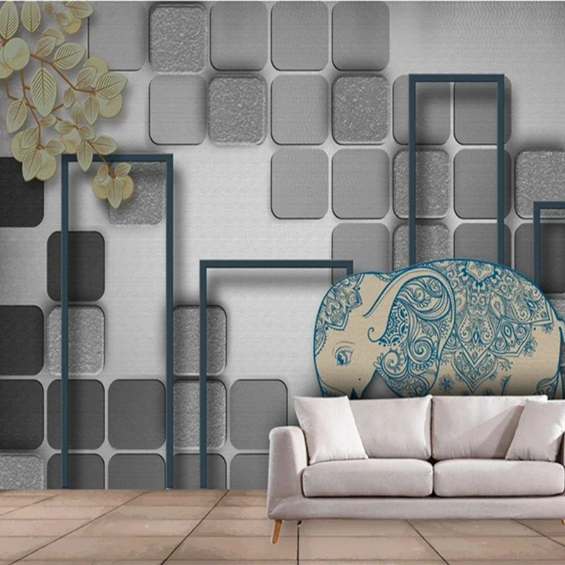 

Custom Photo Mural Modern Style Grey Geometric Block 3D Elephant Painting Bedroom Living Room Decor Relief Non-woven Wallpaper