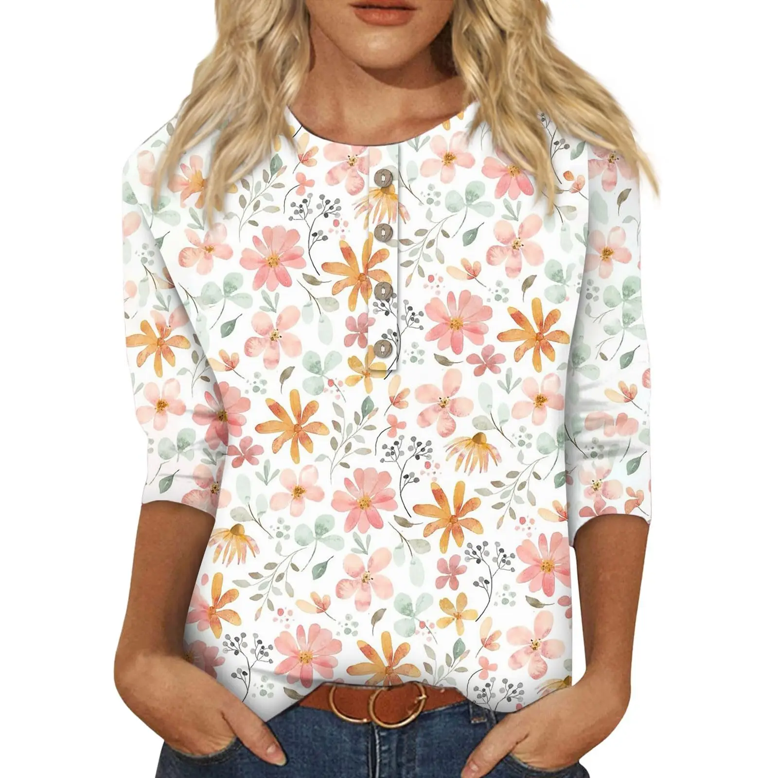 Full Plant Style Casual Women's Shirt With Floral Pattern Buttons, Half Long Sleeved Loose Fitting Shirt, Women's Top MG23