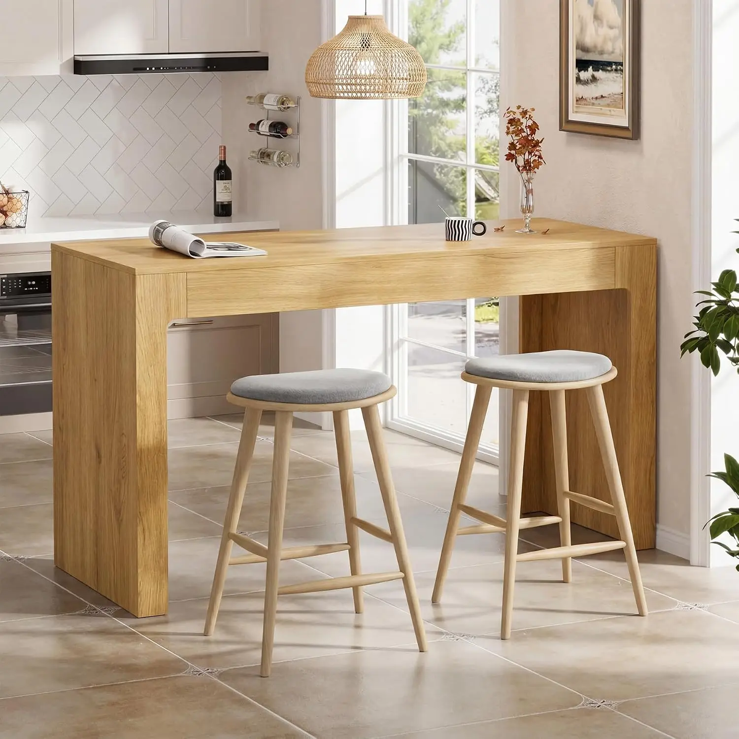 55” Bar Table，Long Bar Table with Oak Finish Tabletop，Modern Counter Height Pub Table, Rectangular Home Dining Bar Unit for 4-6 People, Kitchen, Living Room, Bar, Golden Oak