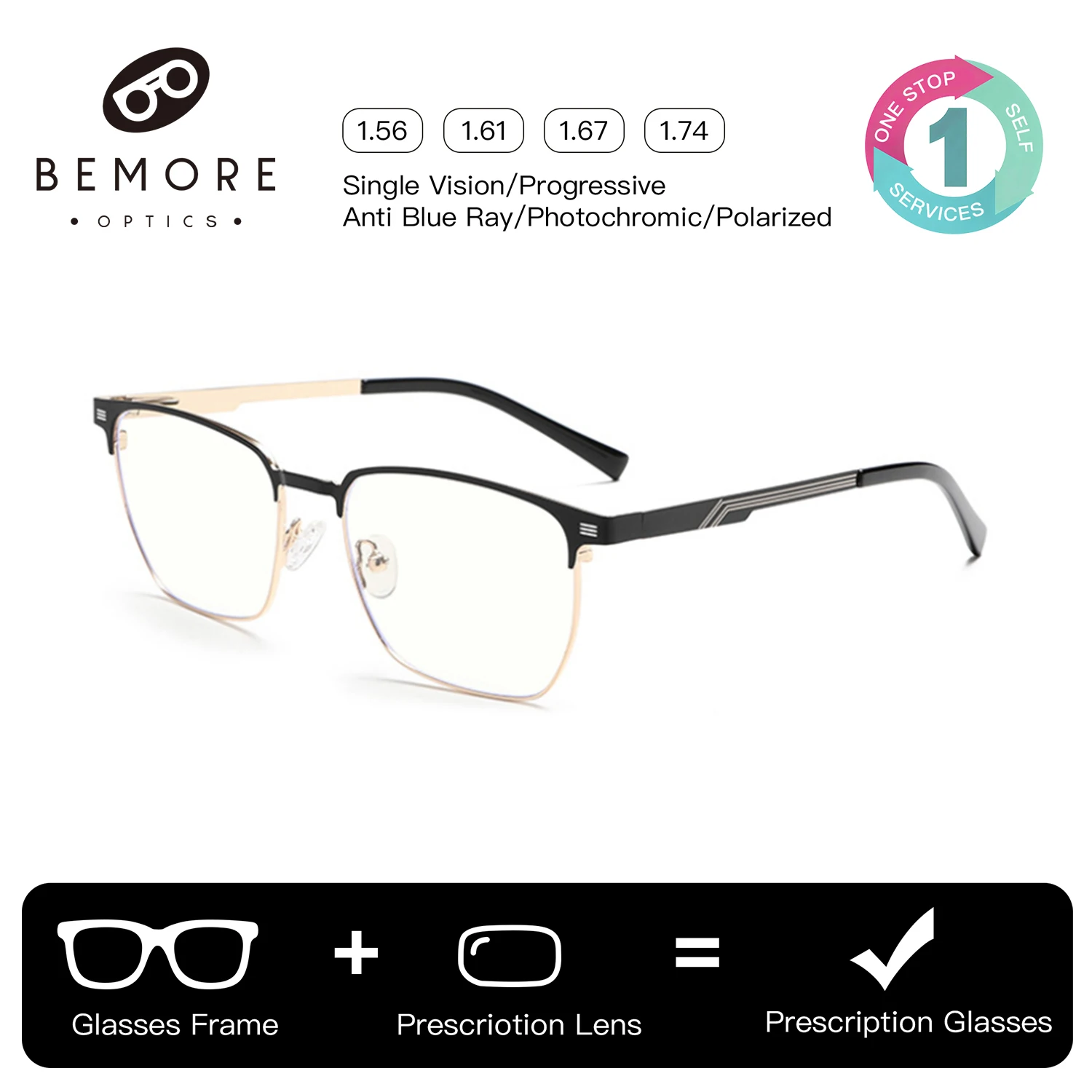 BEMORE Half-frame Clip on Prescription Glasses Alloy Polarized UV400 Sunscreen Optical Mens Metal Vision Eyewear