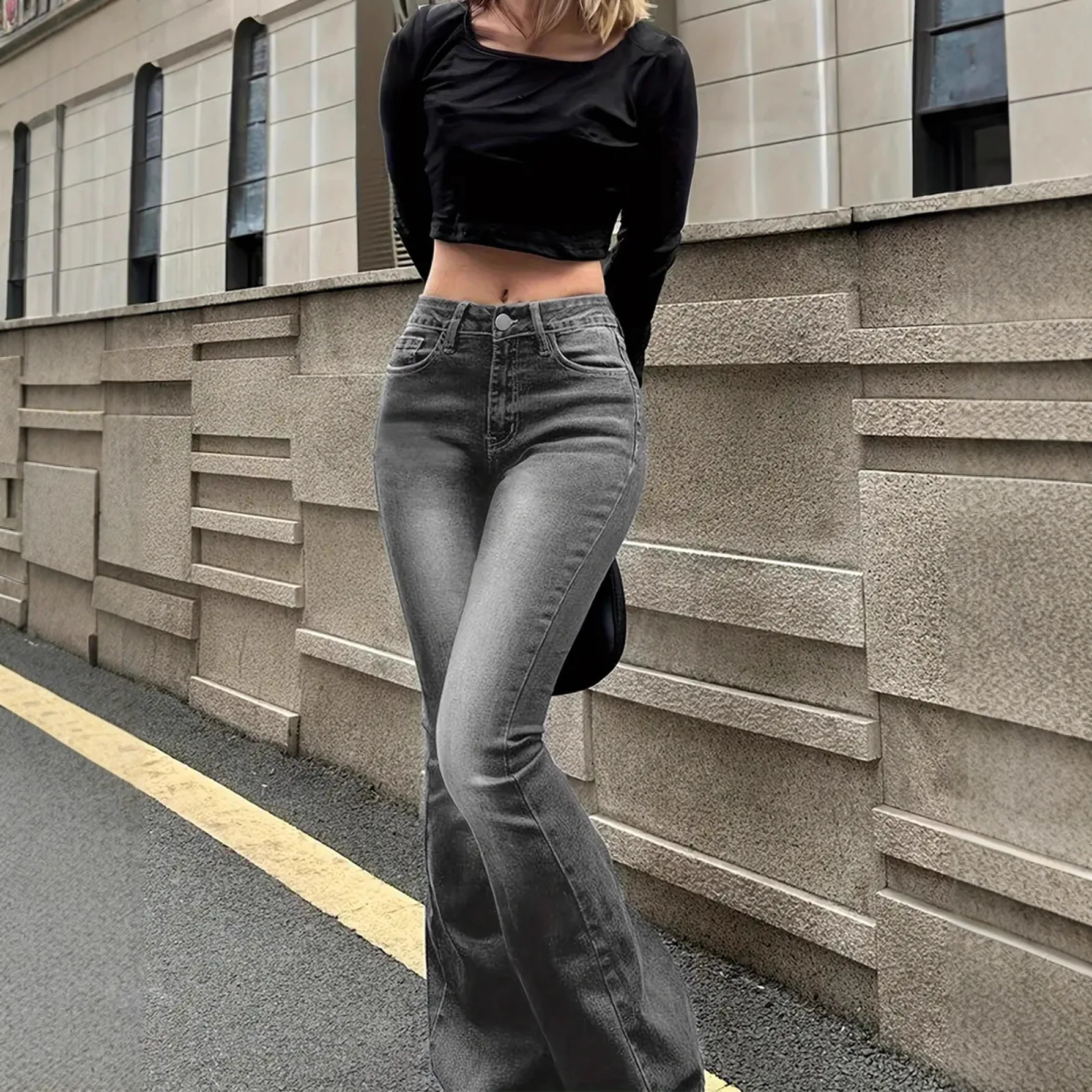 

Женские джинсы, эластичные простые серые джинсовые брюки, дизайнерские тонкие расклешенные брюки, уличная одежда, модные джинсы Y2K