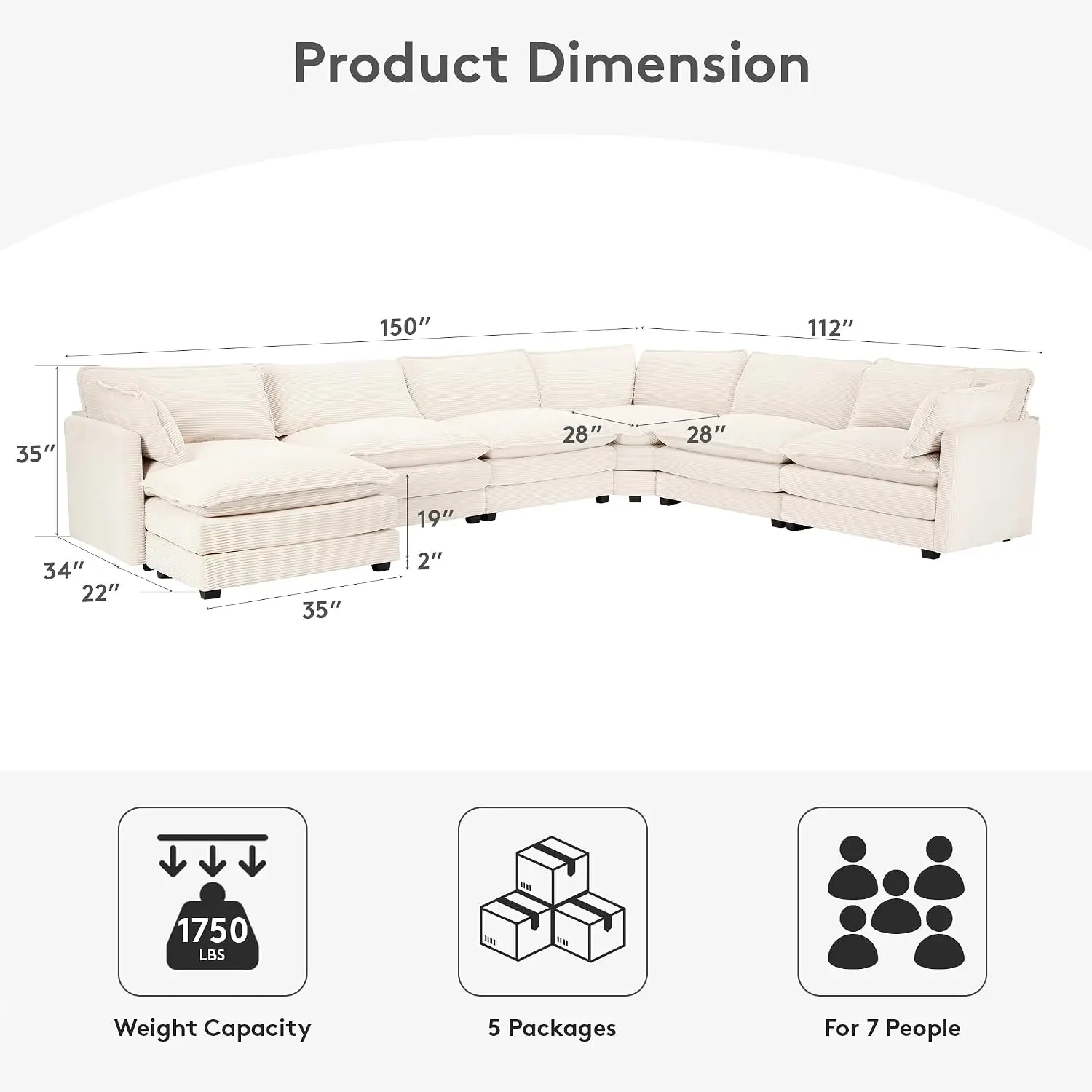 150'' Modular Sectional Cloud Couch, 7 Seater Corner Sofa Big Comfy Corduroy V Shaped Couch with 4 Throw Pillows,, Customized