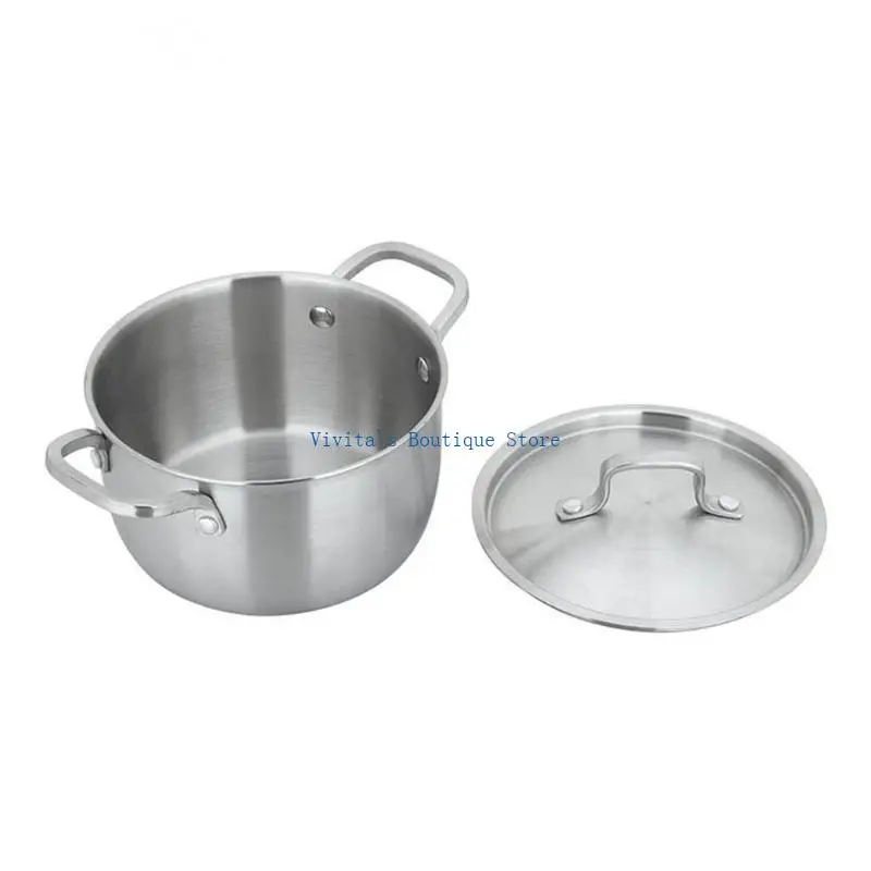 

14/16cm 304 Stainless Steel Stock with Lid Cover 3-Ply Clad Base Brushed Double Ears No Coating Soup Pot Kitchen Safe M76D