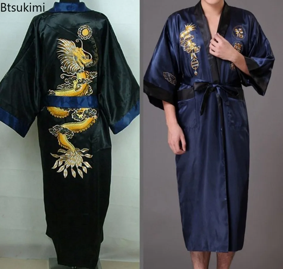 New2024 Chinese Style Embroider Dragon Robes Casual Satin Pajamas Robe Man Females Tang Suit Couple Kimono Bathrobe Home Clothes