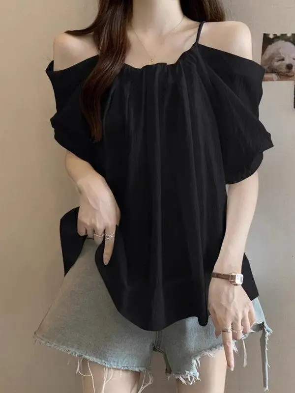 

plus Size 300 Pounds Bubble Short Sleeve Shirt Women Summer Casual Loose Shoulder Bared Top Comfortable Fit Casual Fashion