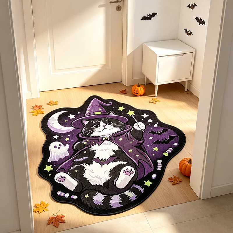 VIKAMA Halloween Magician Cat Irregular Doormat Ghost Star Moon Pattern Non‑Slip Floor Mat For Indoor Entryway Holiday Decor