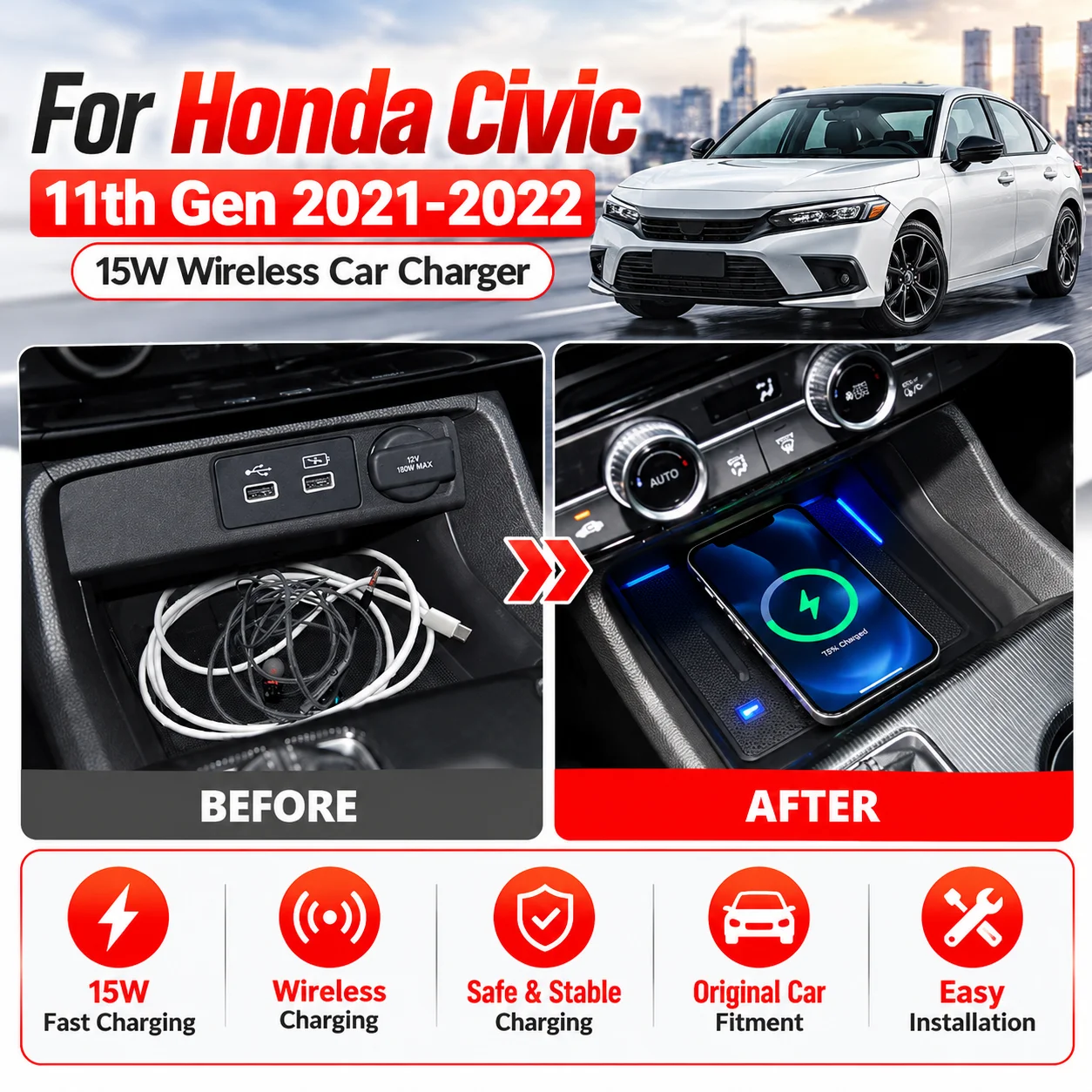 15W Wireless Car Charger For Honda Civic 11th Gen 2021-2022 Fast Charging Phone Pad Center Console Interior Accessories