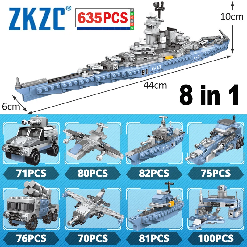 ZKZC-8 in 1 Battleship Artillery Car Building Block, WW2 Aircraft Fighter Arma Tijolos, Soldado Brinquedos, Presentes infantis