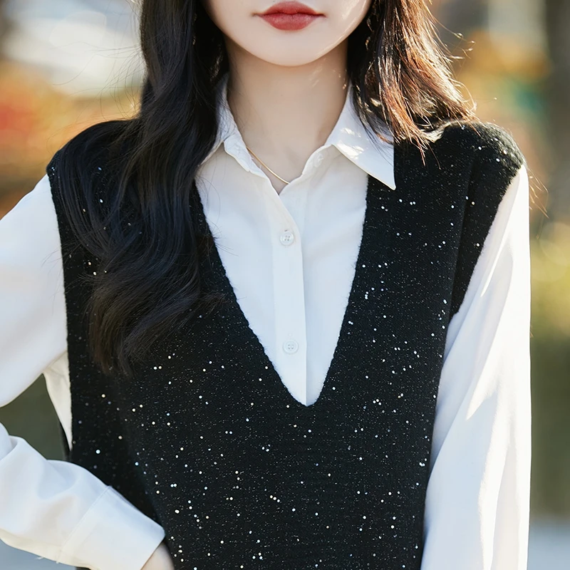 Classic Big V Collar Australian Wool Vest Women's knitting NEW Pullover Sequin decoration Sleeveless High quality Loose Tops