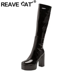 REAVE CAT Platform Knee High Boots Square Toe Block Heels Zipper Rubber Sole Plus Size 34-43 Solid Black White Blue Winter S2729