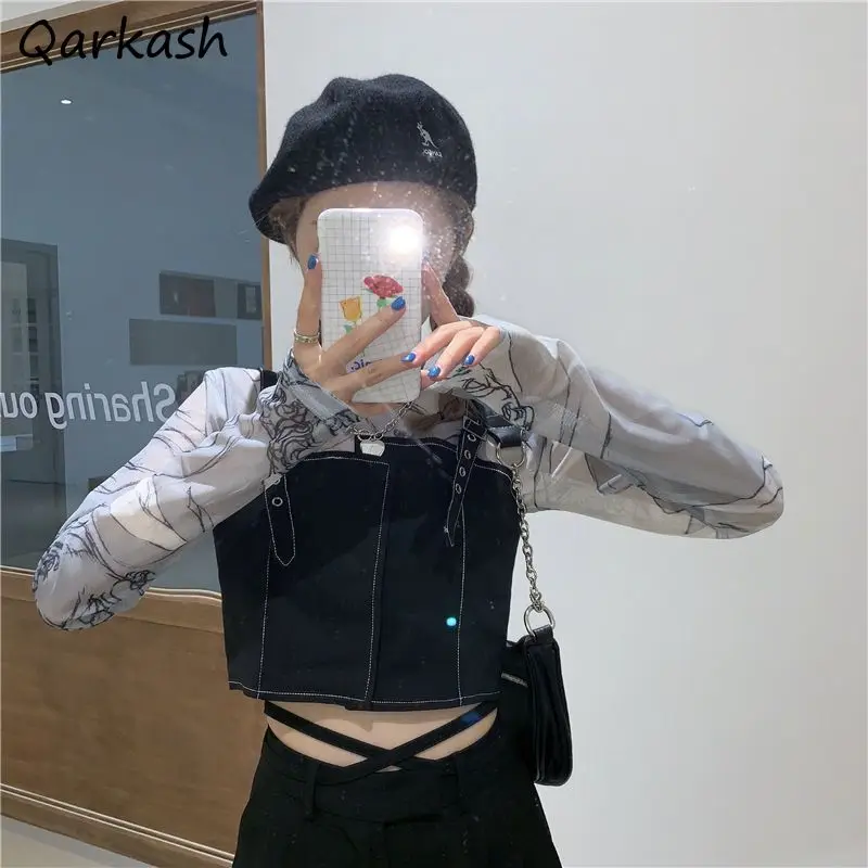 

Women Sets Long Sleeve Mesh T Shirts Printing Turtleneck Tanks Fashion Spring Autumn All-match Crop Tops Slim-fit Simple Chic