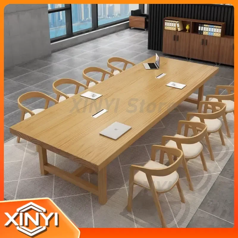 Solid Wood Conference Desk for Office Industrial Style Log Long Workstation for Staff Negotiation Unit Large Training Desk