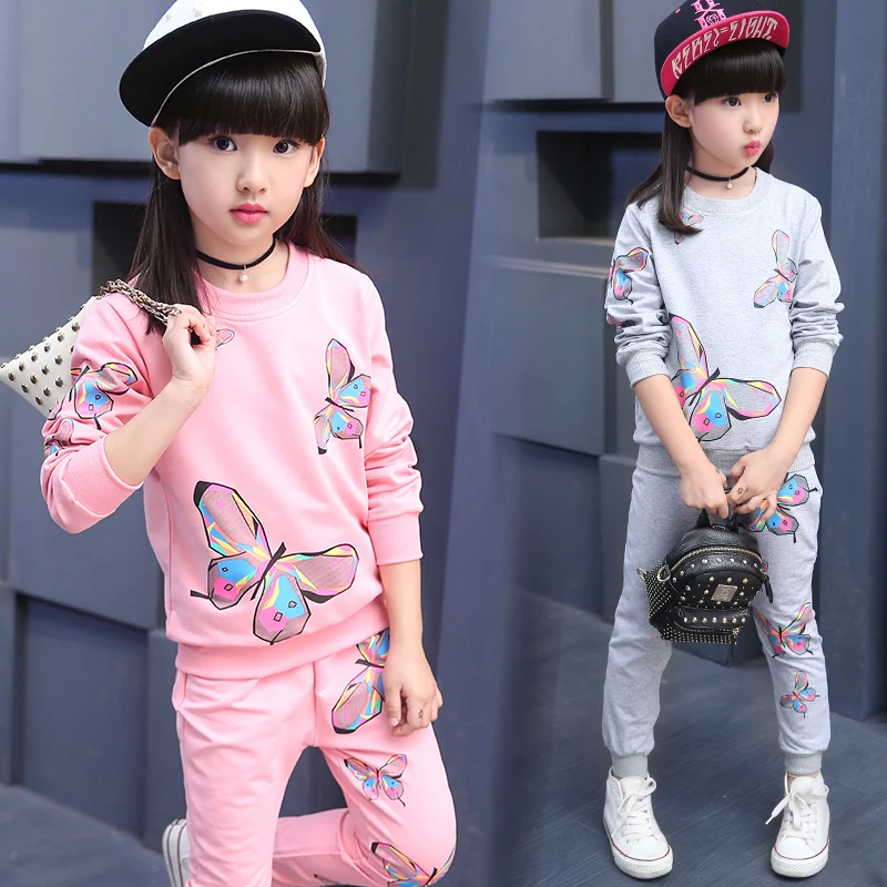 

Hot Sale 2023 Girls Spring Clothes Sport Suit Children Fall Fashion Butterfly Printing Clothing Set Kids Tops + Pants Twinset