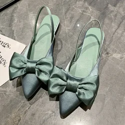 2024 Summer Women Baotou Sandals Fashion Bow-knot Low Heels Pumps Female Silk Sexy Pointed Sandalias De Mujer Women's Shoes