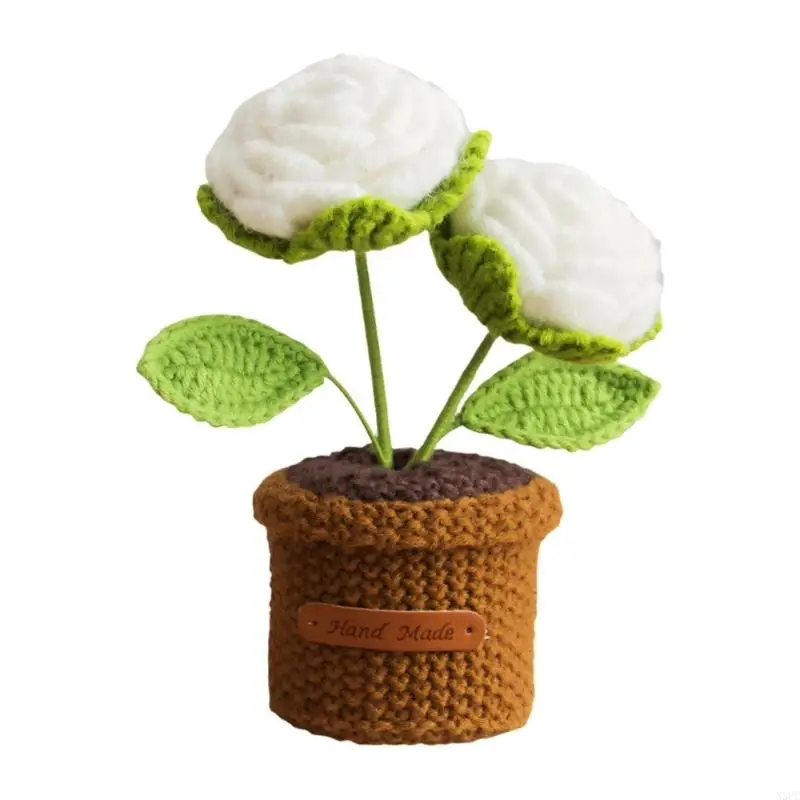 Knitted Rose in Pot Ornament Handmade Crochet Double Headed Flower Potted Plant Decors for Valentines Day Wedding Gift X3UC