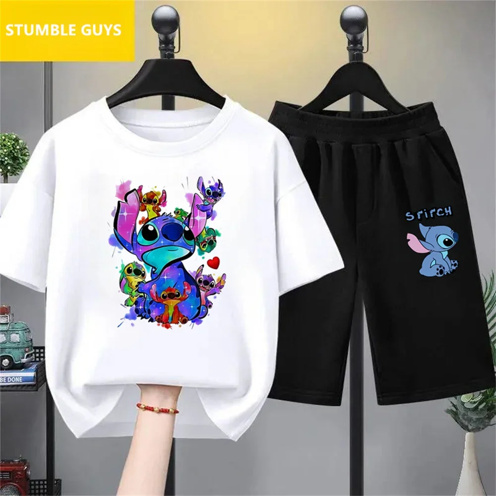 Cute Stitch Printed Girls T-shirt Cartoon Disney Children's Short Sleeved Summer Kids Casual T Shirts Boy Sports Shirt Trucksuit