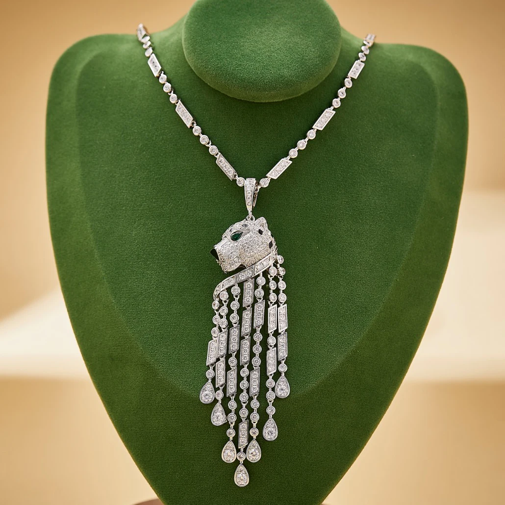 

New arrival Luxury Brand Fashion Earrings Necklace Plated Green Eyes Tassels Leopard Pendant Cubic Zircon Women Lady Jewelry Set
