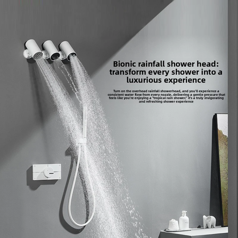 Simple Bathroom Shower Set, Brass Concealed Thermostatic Valve Core, Three-Function Overhead Shower Faucet with Waterfall Nozzle