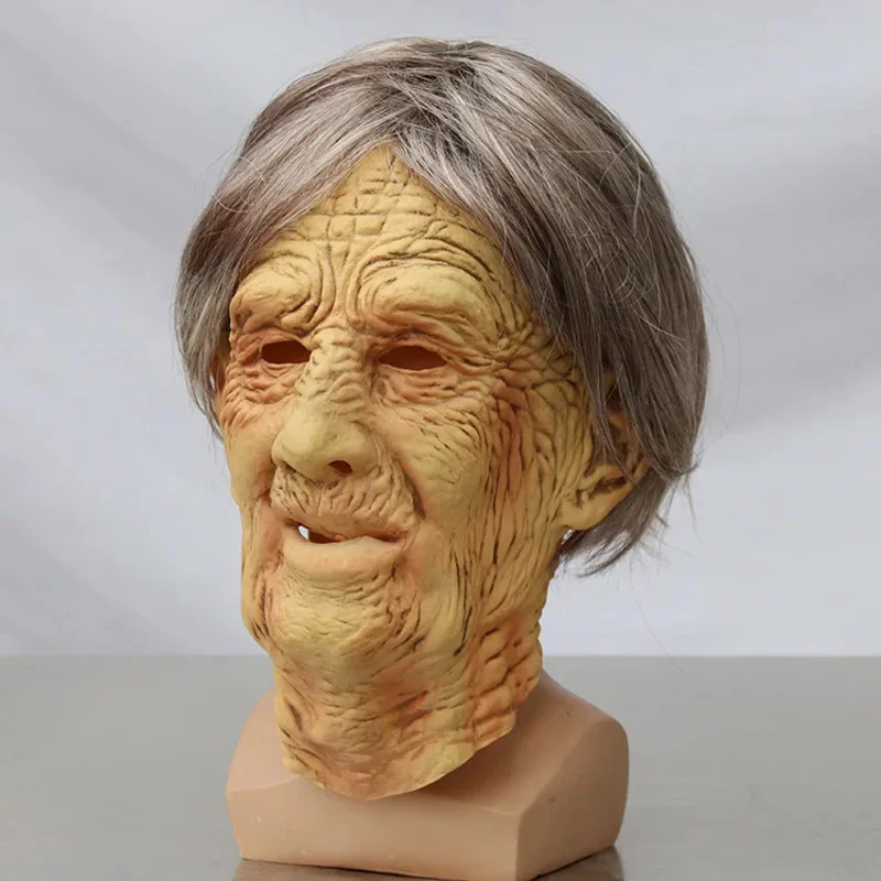 qq78Request7Halloween White-haired Old Lady Latex Rave Party Scary Witch Mask Lifelike Grandma Cosplay Costume Prop - view 3