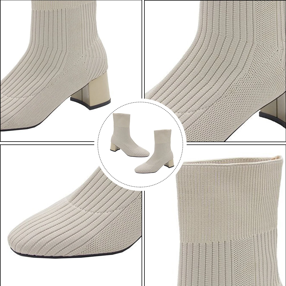 

Теплые ботинки. Женская осенняя обувь. Обувь на массивном каблуке. Верх. Материал: тканая ткань. Модный трикотаж.