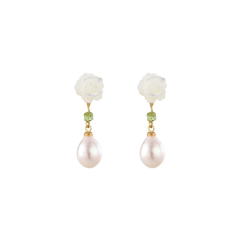 

Lii Ji 925 Sterling Silver Pearl Peridot Stud Earring Mother of Pearl Shell Rose Freshwater Pearl Drop Earrings for Women