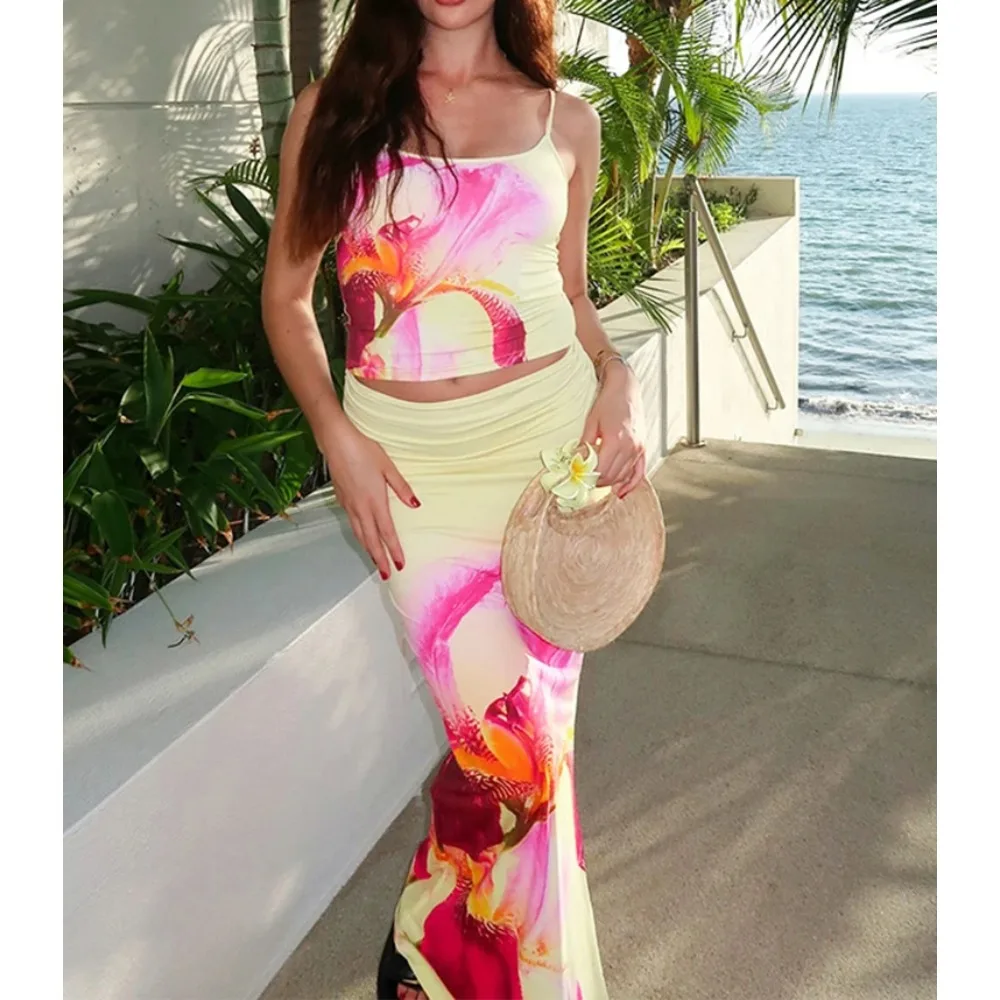 

Panelled Print Women 2 Piece Set Holiday Style Aesthetic Crop Camis+Matching Skinny Maxi Skirts Female Relax Beach Outfits